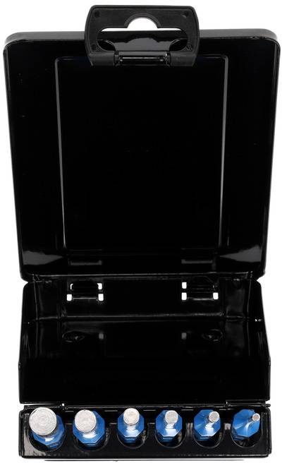 Black case with six blue dosing caps of varying sizes, presented open. Suitable for precise applications.