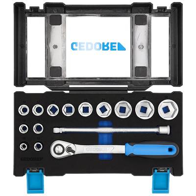 'Set of socket keys and ratchet in a black box with blue handle. Includes various socket nuts and extension bar.'