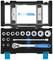 'Set of socket keys and ratchet in a black box with blue handle. Includes various socket nuts and extension bar.'