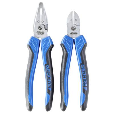 Two blue pliers with black handles, on the left a combination pliers, on the right a side cutting pliers with 'GEDORE' inscription.