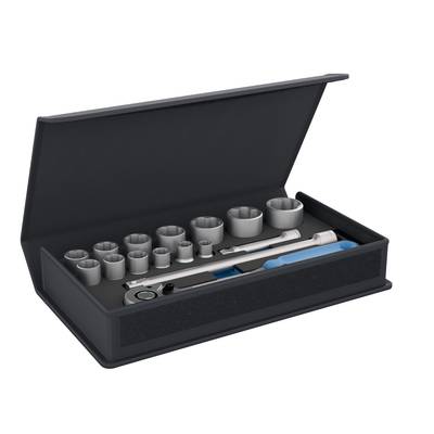 An open toolkit featuring a torque wrench, various socket attachments, and a blue tool handle.
