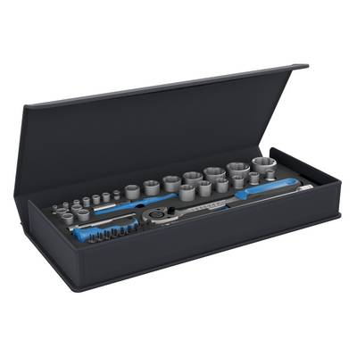 A ratchet set with various sockets and a spanner, organised in a black case.