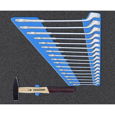 Tool set with a hammer and L-shaped spanners in various sizes on a moulded blue insert.