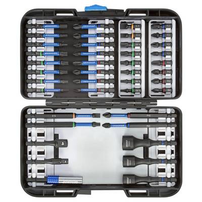 Toolkit with various screwdriver bits and extensions, organised by size and type in compartments.