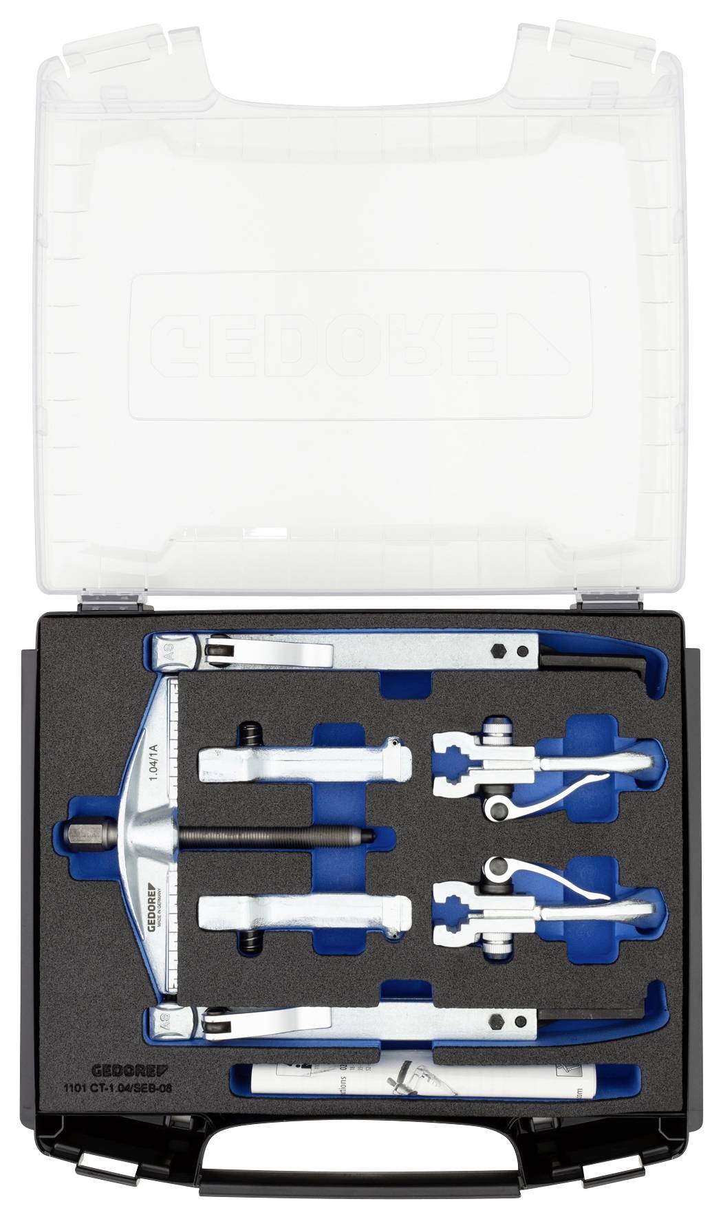 A toolkit in a black case with blue foam lining. Contains multiple metal tools for various applications.