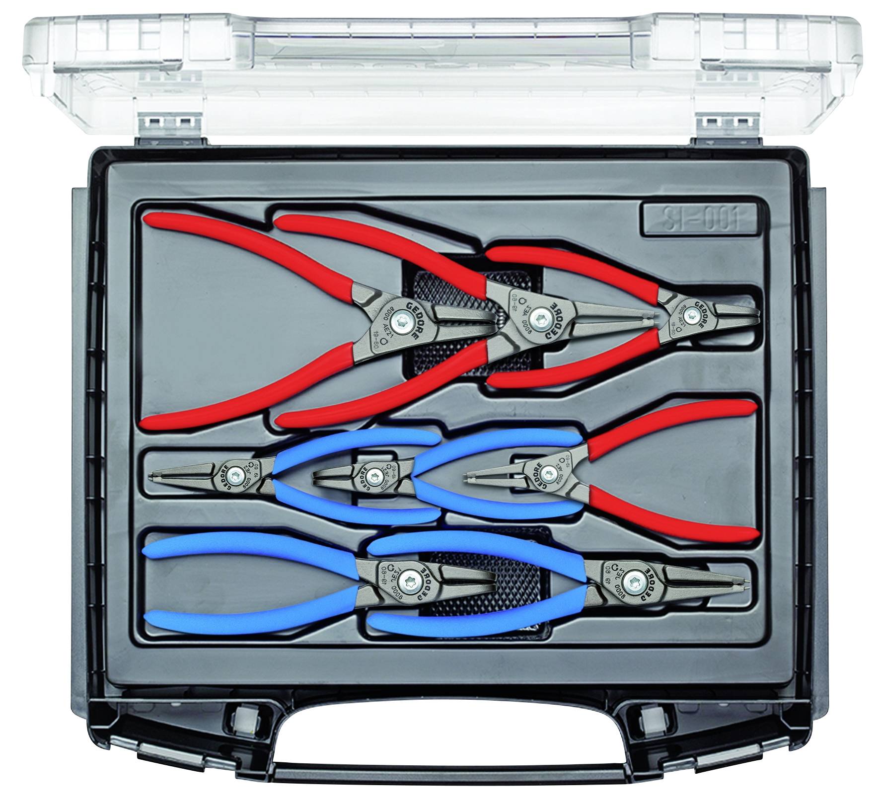 An open toolbox containing six pliers in various sizes. The pliers have red and blue handles.