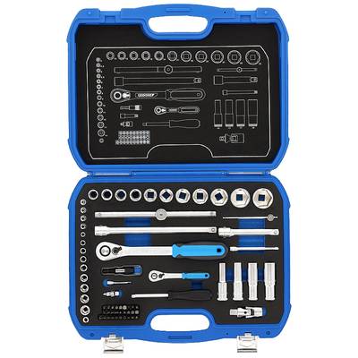 A blue toolbox with various socket wrenches and ratchets. Tools are neatly arranged in specific holders.