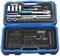 An open tool case with various socket wrenches, ratchets, extensions and attachments, neatly arranged in compartments.