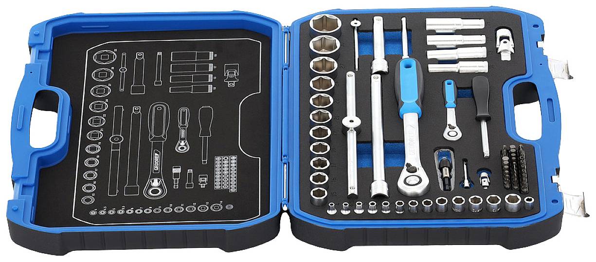 Tool case with socket wrench set and ratchets in various sizes, neatly arranged in a blue box.