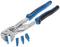 A silver water pump pliers with blue handles, shown alongside four blue jaw pads. The aim is universal use in plumbing installations.