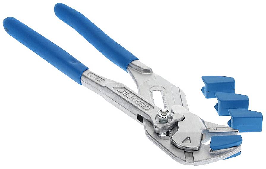 A silver water pump pliers with blue handles and four blue protective caps, suitable for pipe installations.