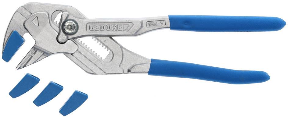 A silver water pump pliers with blue handles and interchangeable blue jaws, suitable for adapting to various workpieces.