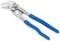 A water pump pliers with a blue handle, silver gripping jaws, and adjustable joint.