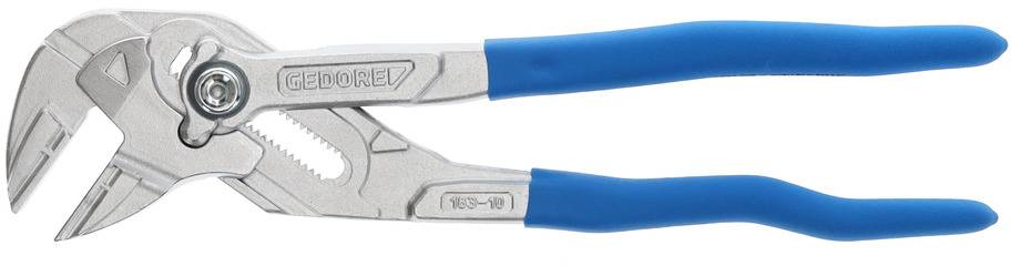 A water pump pliers with blue rubber-coated handles and an adjustable jaw mechanism. Ideal for plumbing work.