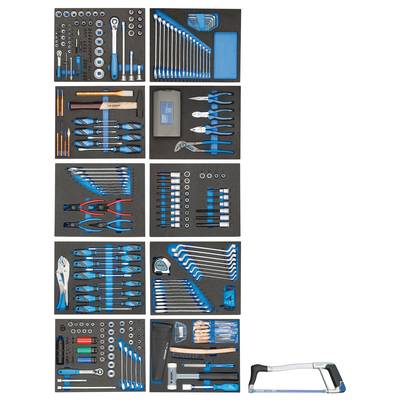 A comprehensive tool set with spanners, pliers, screwdrivers, saw and more, neatly organised in foam inserts.