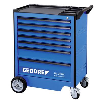 Blue tool trolley with seven drawers, black handles and wheels. The logo 'GEDORE No. 2005 Made in Germany' is displayed on the front.