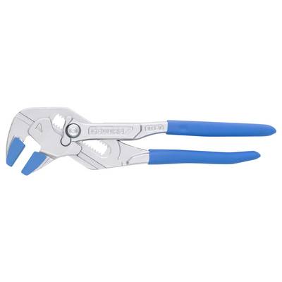 A grey pliers with blue handles, with adjustable jaws. A tool used for securing or removing objects.