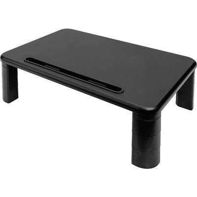 A black monitor stand with adjustable legs and a slim opening on the top surface for cable management.