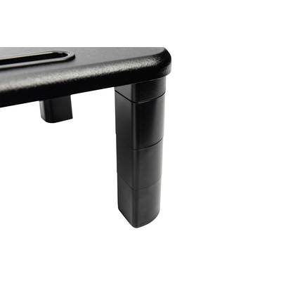 Black, height-adjustable table leg on a table.