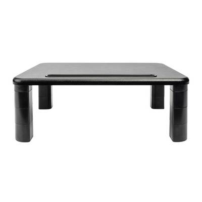 A black monitor stand with adjustable legs that allows for an elevated positioning of the screen.