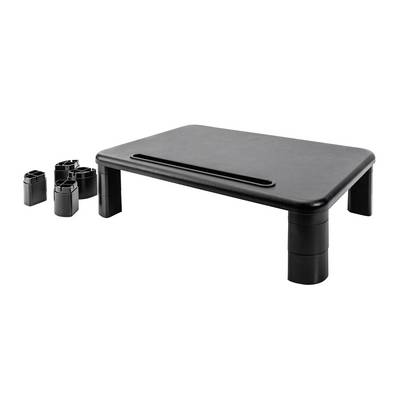 A black monitor stand with adjustable legs, with separate leg extensions to the left. Ideal for raising the screen height.