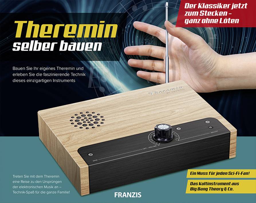 'Theremin Kit with Wooden Enclosure and Antenna. Text: The classic now ready to assemble - no soldering required.'