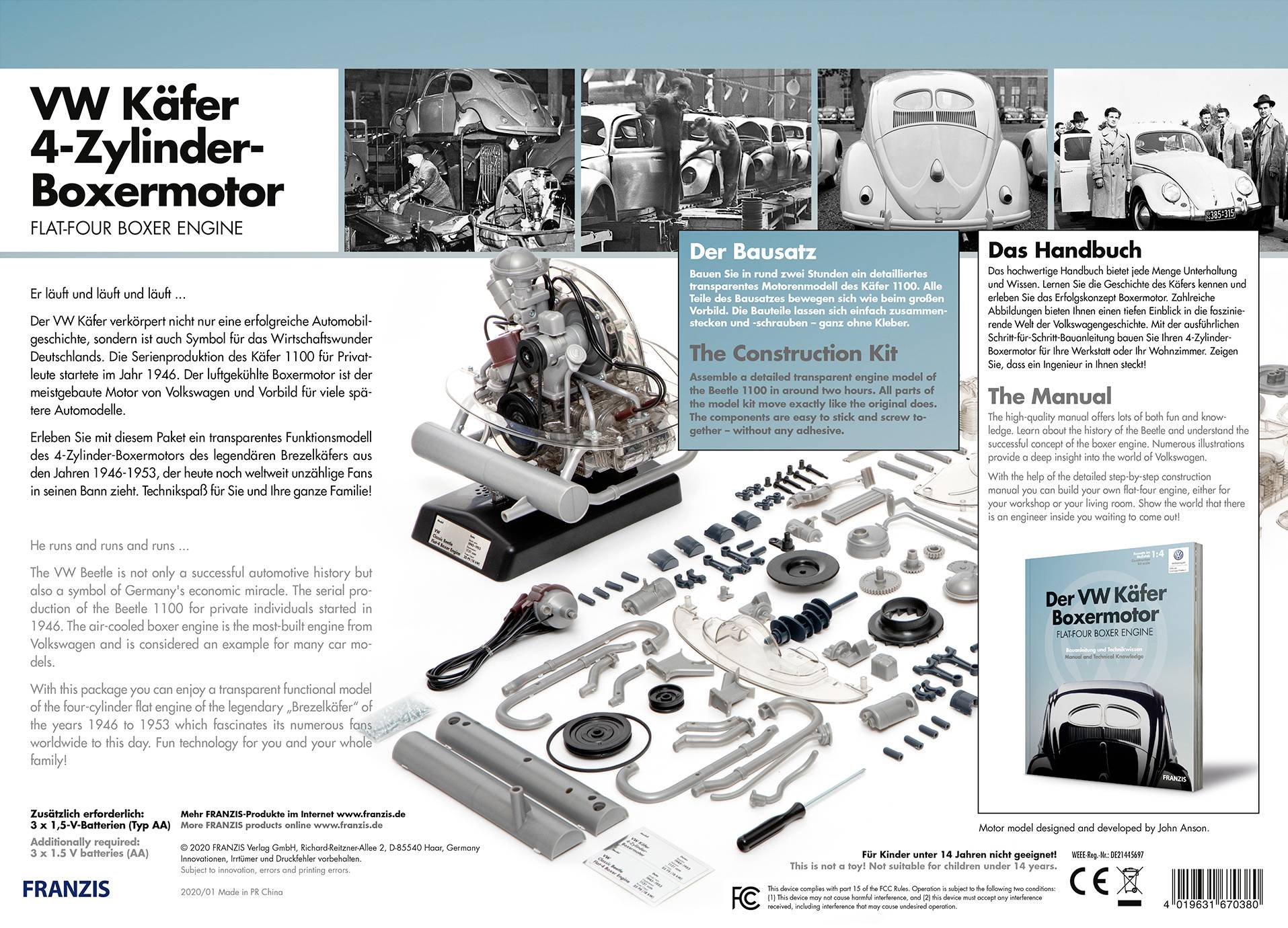 'Detailed model of a VW Beetle 4-cylinder boxer engine for self-assembly. Includes components, assembly instructions and background information.'