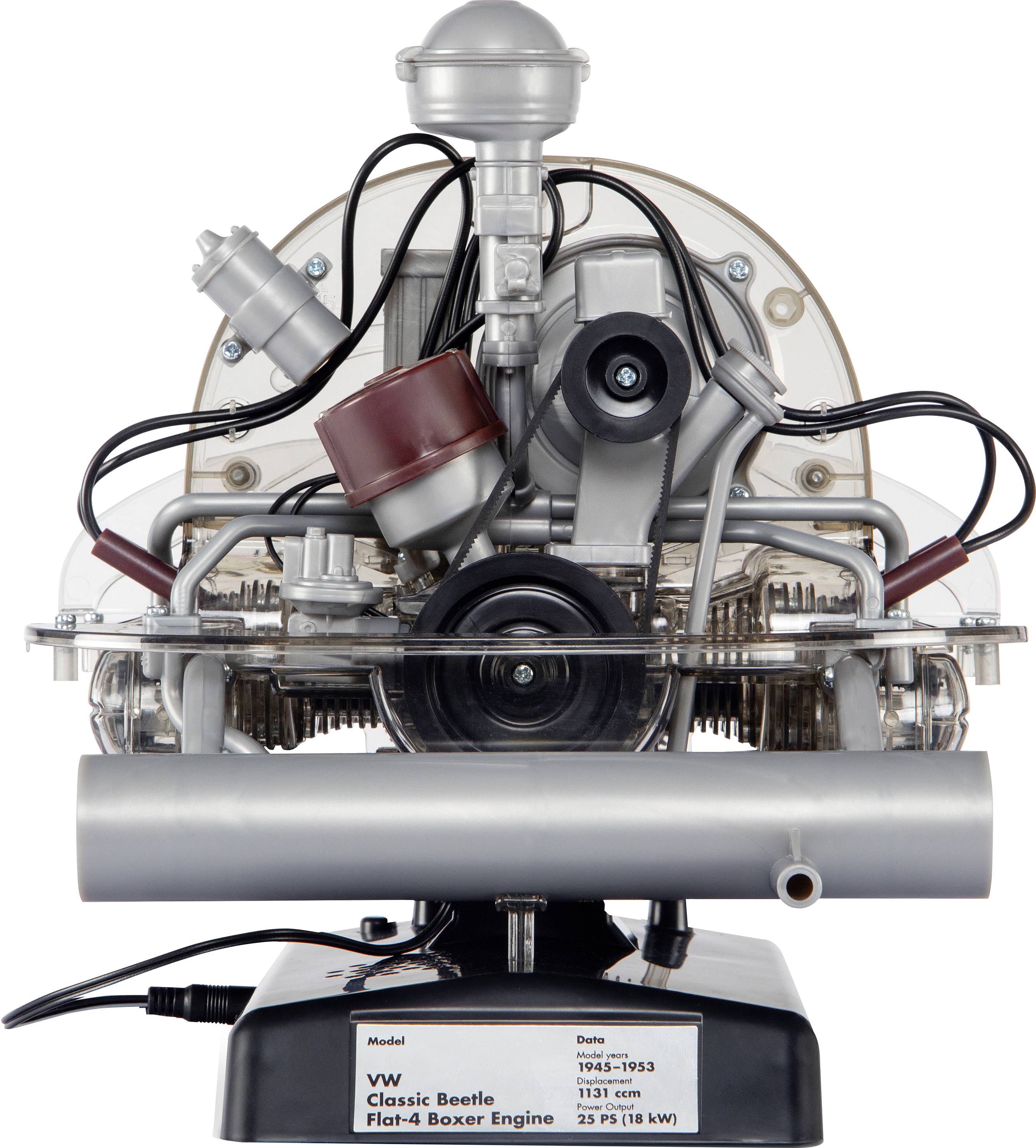 A model of a VW Beetle boxer engine, Flat-4, with visible cylinders and components. Labelled with technical specifications.