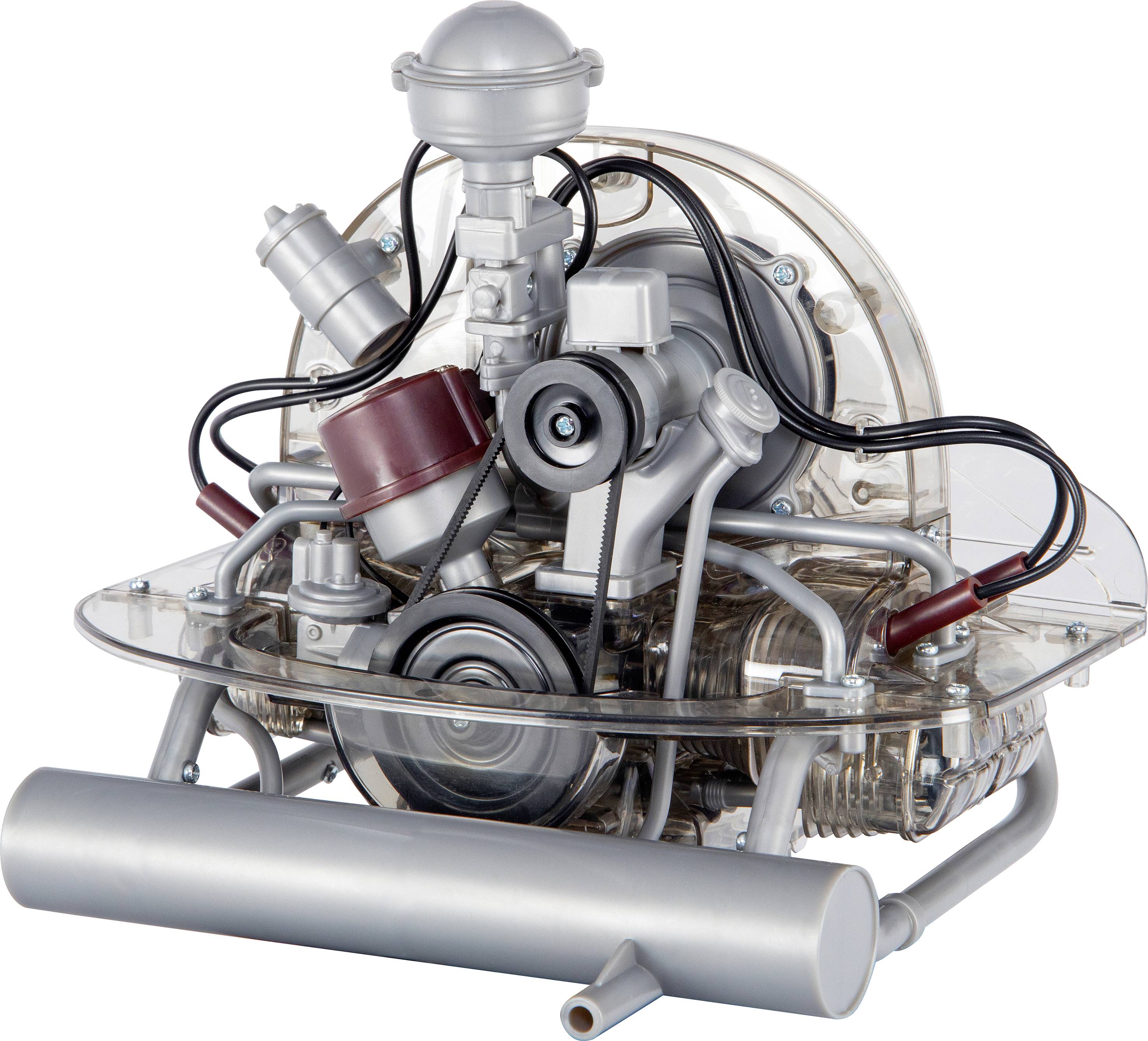 A detailed model of a boxer engine shows cylinders, valves, and exhaust. The engine stands upright and is user-friendly presented.
