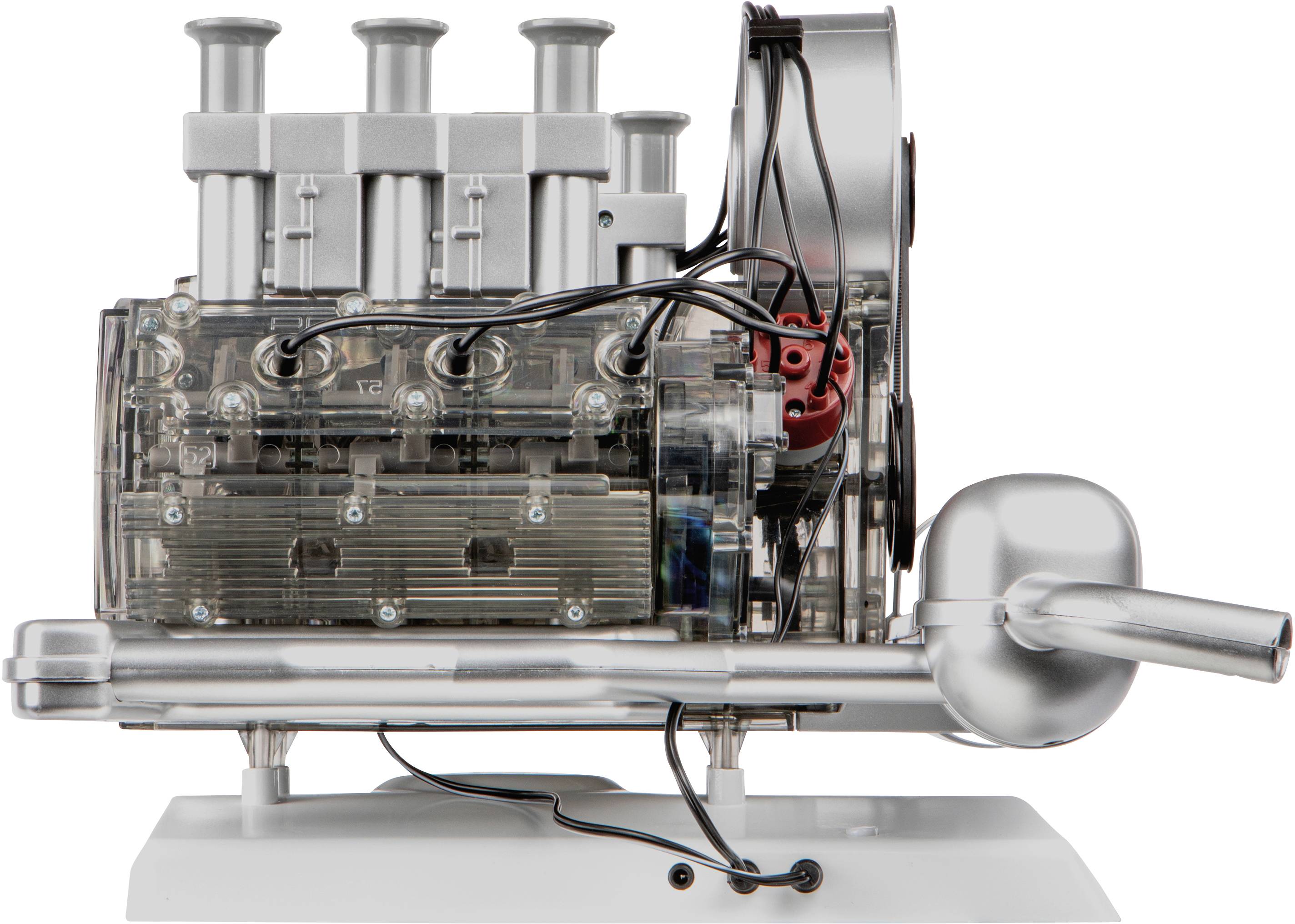 Transparent model engine of a boxer motor with visible pistons, spark plugs, and wires, demonstrating mechanics and functionality.