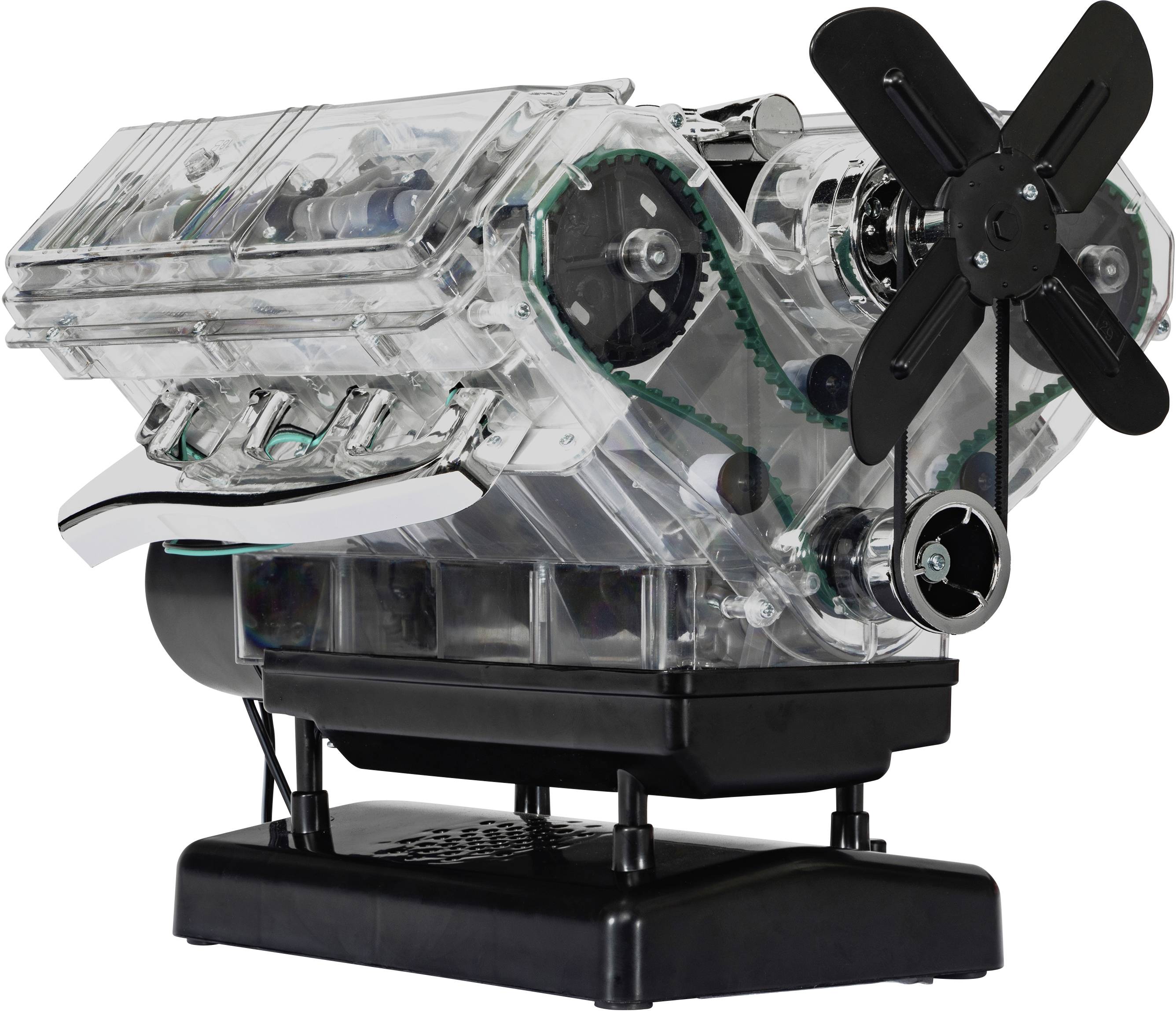 Transparent model engine with visible internal mechanisms such as gears and belts, mounted on a black stand.