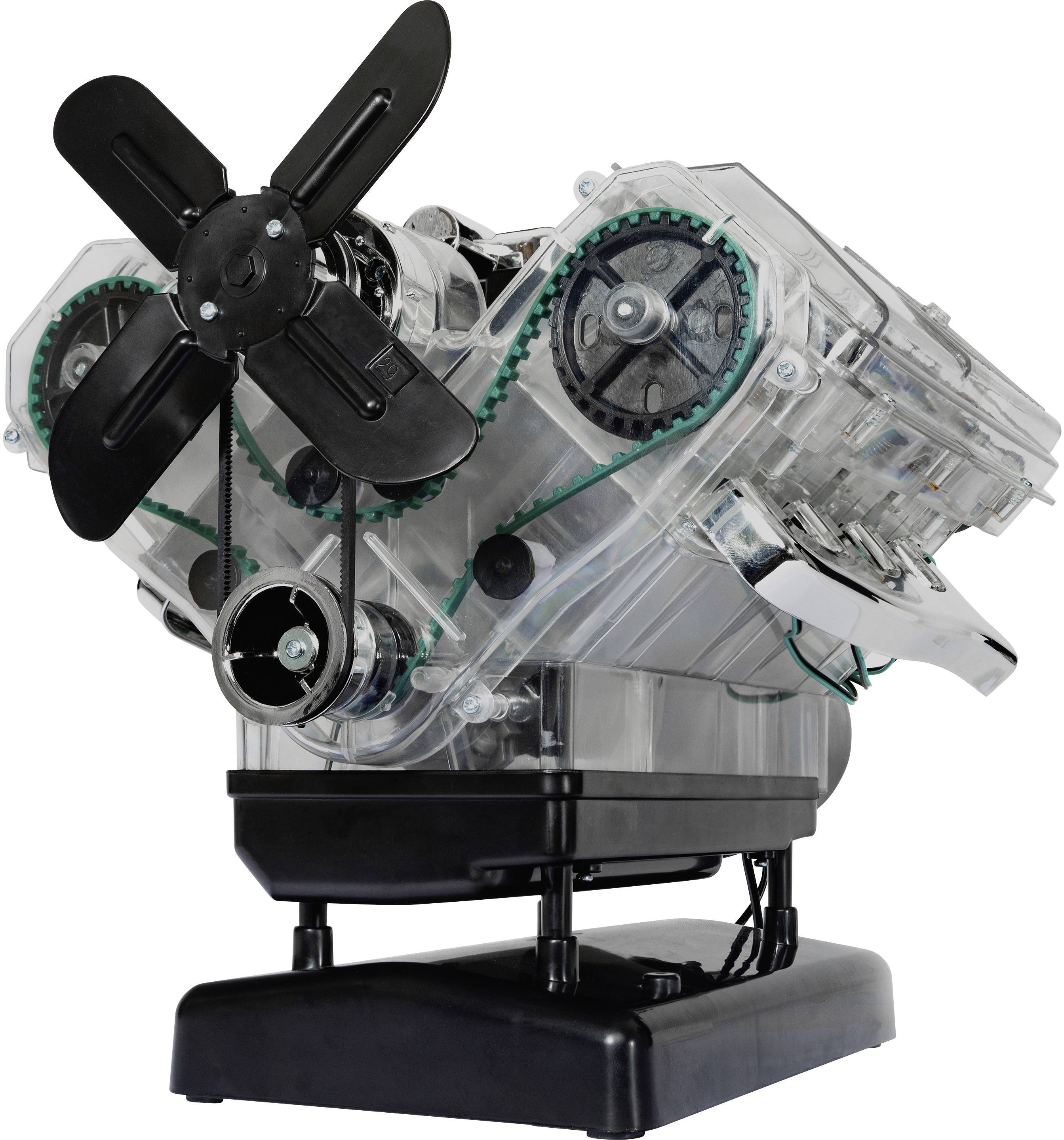 A transparent model of an engine shows pulleys and gears, demonstrating the internal mechanism for educational purposes.