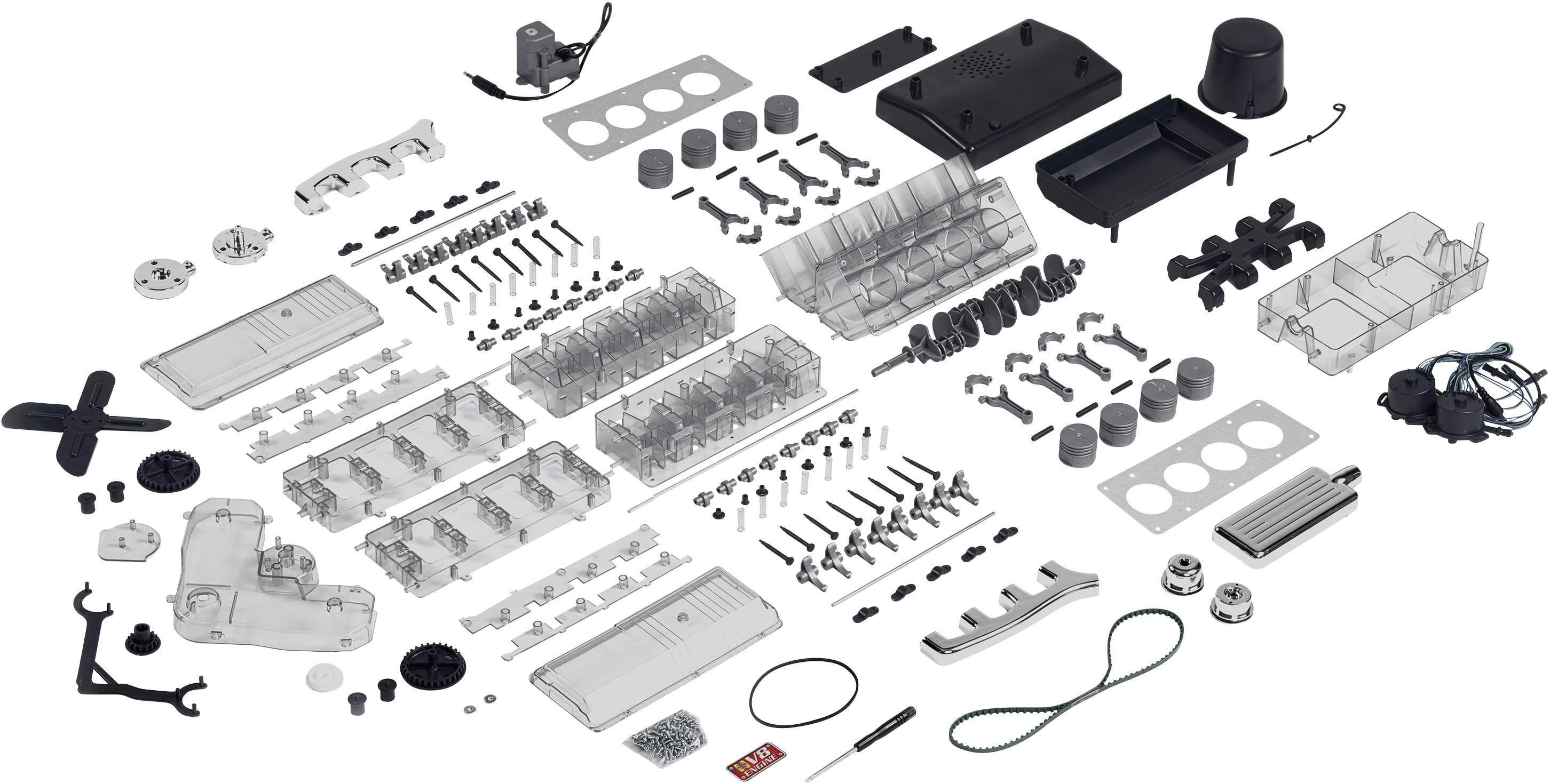 Various spare parts and components for a vacuum cleaner are laid out on a white background.
