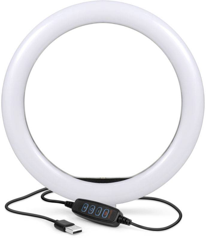 A round LED ring light with USB connection and control buttons, ideal for video recordings or photography to enhance lighting.