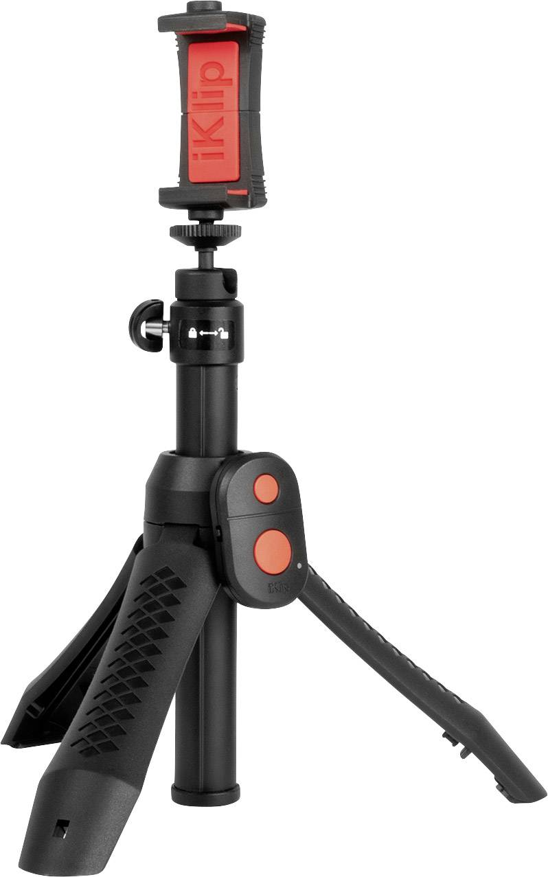 A black, compact tripod with a red mobile phone holder. Suitable for smartphones. Adjustable and portable for photography and videography.