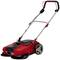 A red, manual street sweeper with a large handle and two large wheels, ideal for cleaning pavements and courtyards.