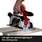 A man is using a circular hand saw on a piece of wood. Text: 'LED light for optimal illumination of the cutting area'.