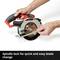 A hand is holding a circular saw with a red handle. Text: 'Spindle lock for easy and quick blade change'.