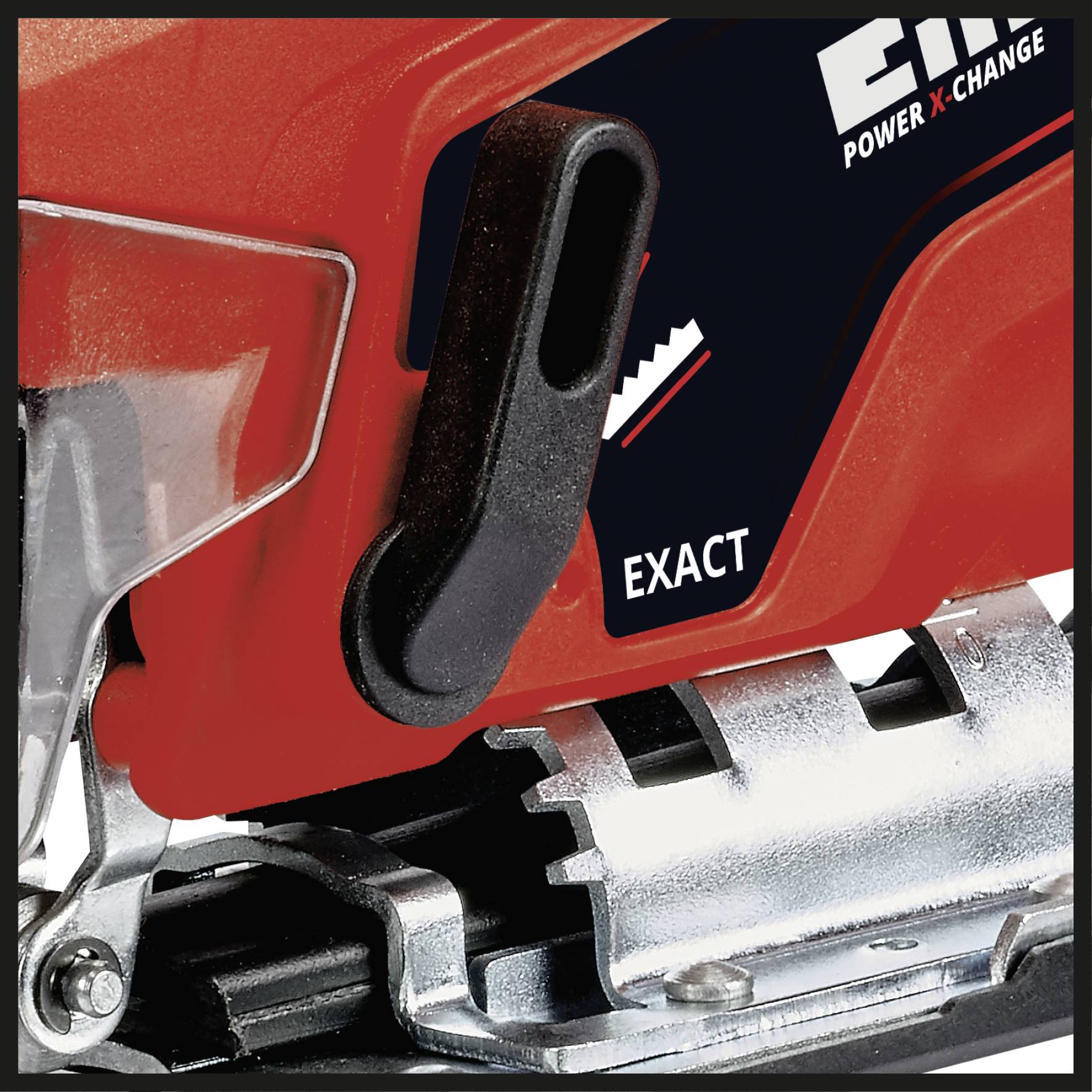 A close-up of a jigsaw with a red casing, black lever, and silver gleaming metal parts. Text on the device reads 'EXACT'.