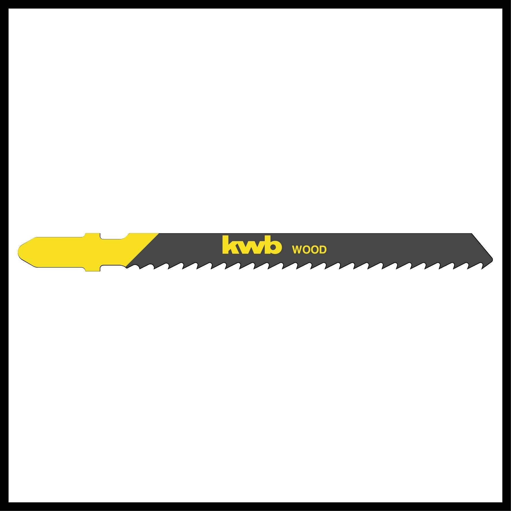 Metal jigsaw blade with yellow and black sections, labelled 'kwb wood', suitable for woodcutting.
