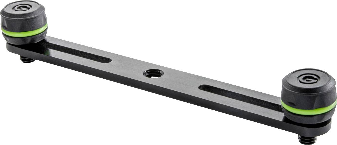 A black camera mounting bracket with a metal rod and two green rubber points at the ends, for attaching to tripods.