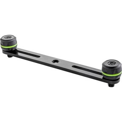 A black camera mounting bracket with a metal rod and two green rubber points at the ends, for attaching to tripods.