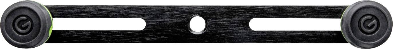 Black metal bar with two round, black heads at the ends and slots in the middle, possibly for fastening.