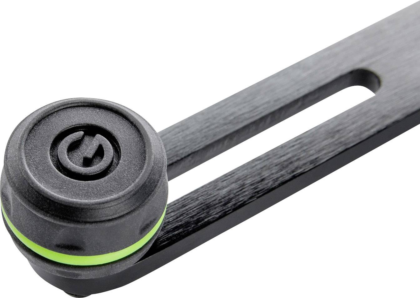 Black mounting bracket with a green ring and a rotary mechanism; used for attaching or adjusting devices or accessories.