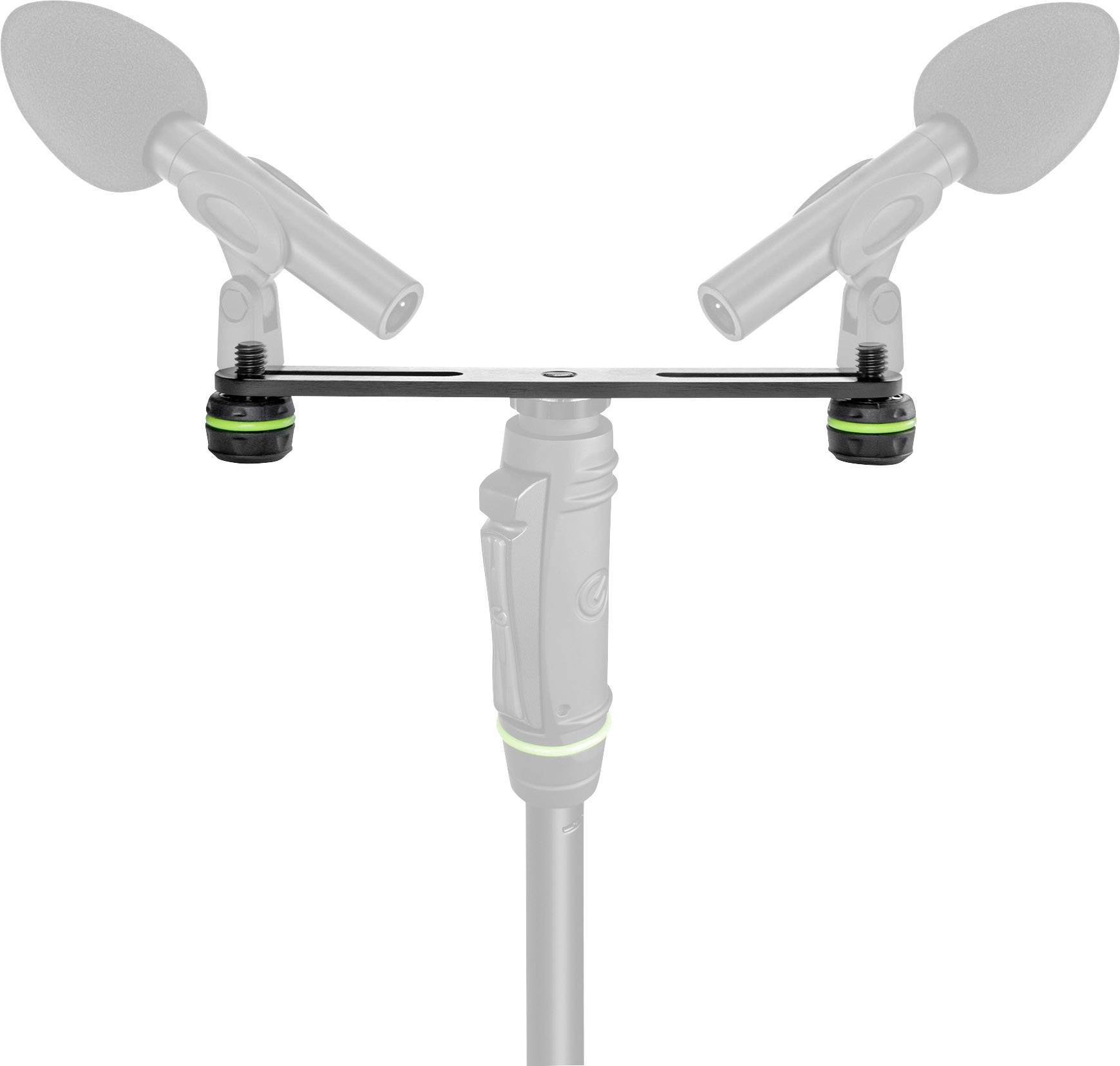 Two microphone mounts on a horizontal metal beam, mounted on a vertical stand, cut out against a white background.