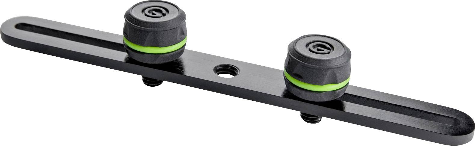 Metal strip with two black rotary knobs and green rings, suitable for mounting or adjusting objects.
