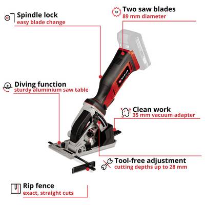 'Plunge saw with two saw blades. Includes spindle lock, dust extractor adapter and tool-free adjustments.'