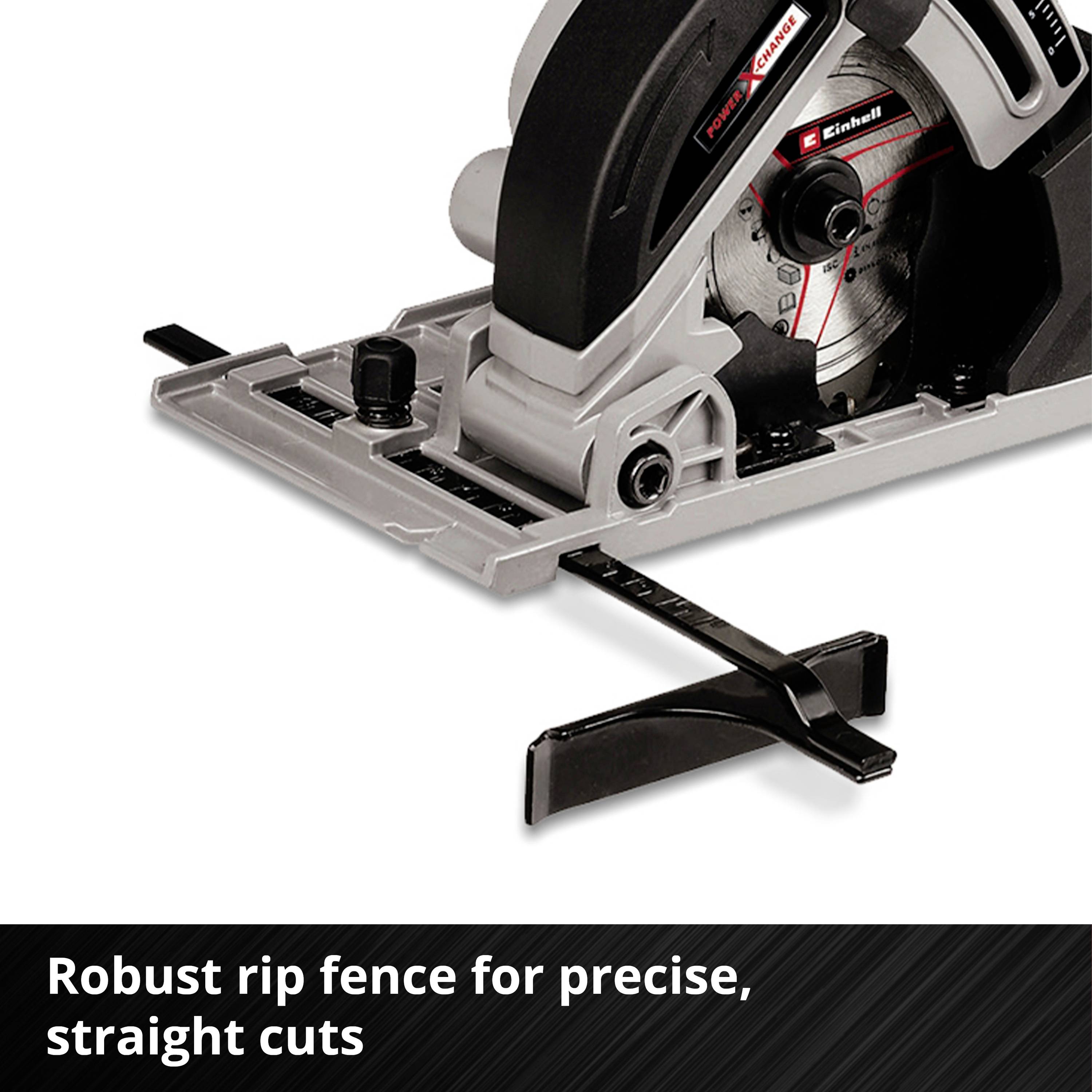 Power tool with saw blade and adjustment mechanism. Text below: 'Robust parallel guide for precise and straight cuts'.