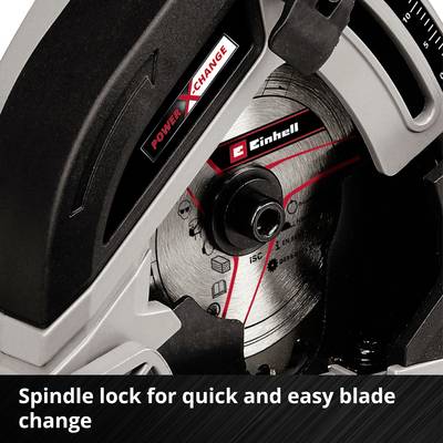 Circular Saw Close-up; Focus on the Saw Blade with Red Marking for Easy Replacement. Text: 'Spindle Lock for Simple and Quick Blade Change'.