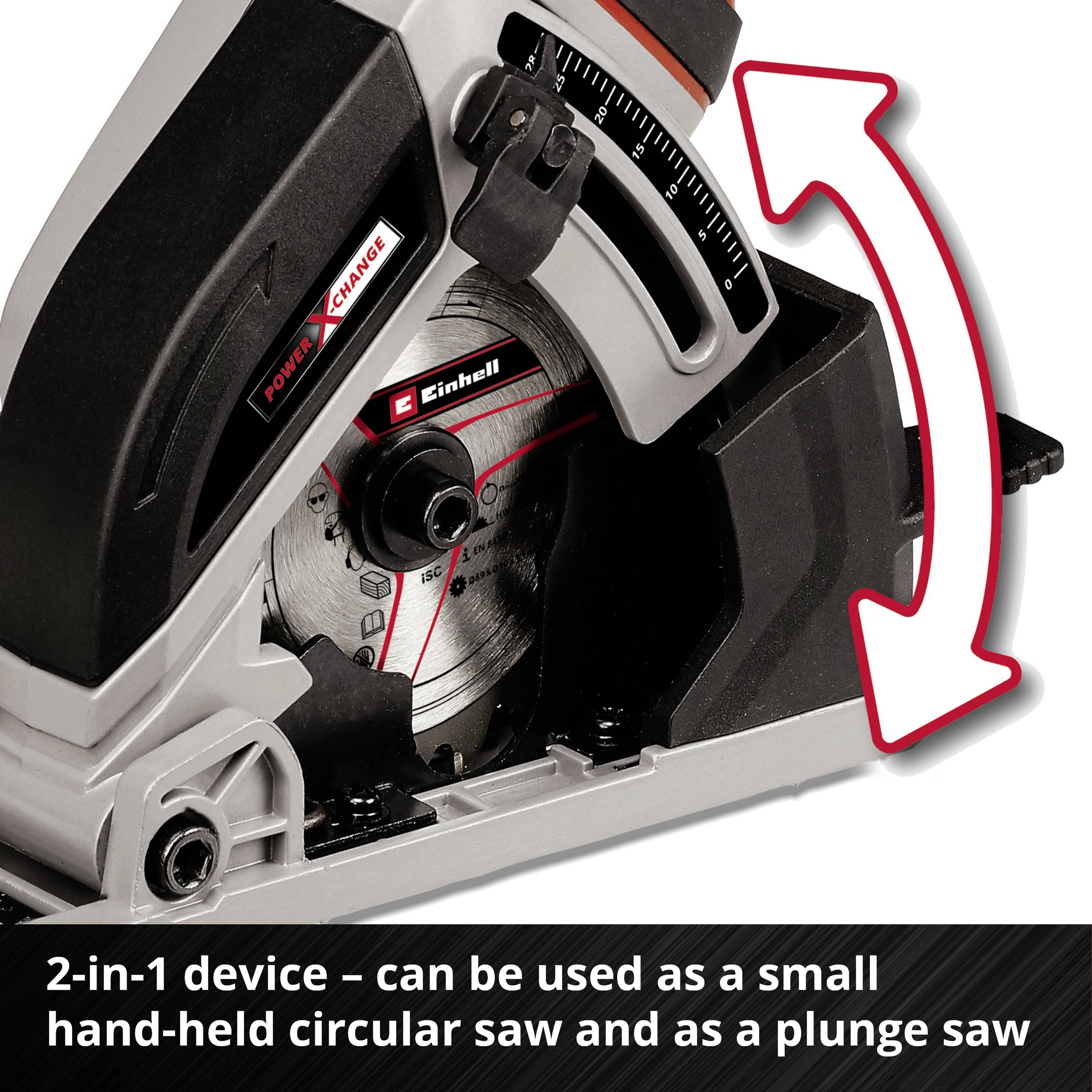 'Einhell plunge saw and circular saw, demonstration of adjustment options. Text: 2-in-1 device – usable as a small handheld circular saw and as a plunge saw.'